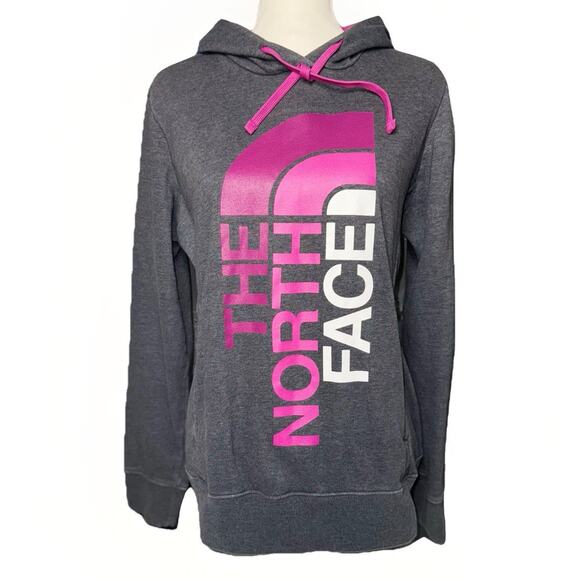 The North Face Hoodie Womens Large Gray Pink Pullover Sweatshirt Pockets Logo - Picture 1 of 11